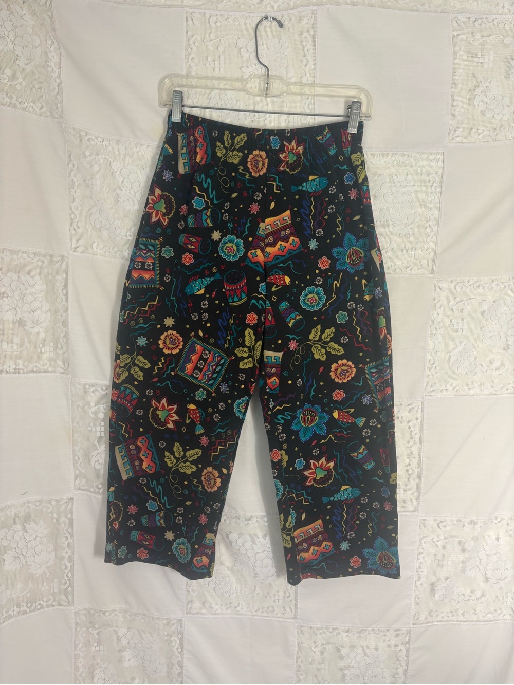 VTG Black Elastic Waist Nautical Party Print Pull On Indie Capri Pants Size S